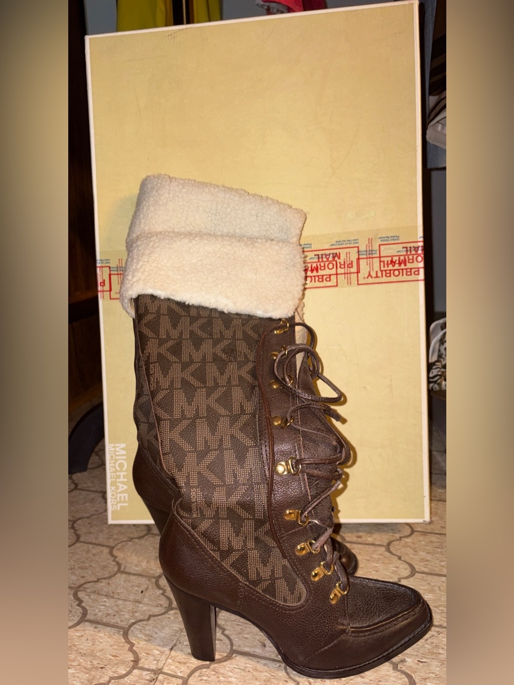 Michael Kors Warrior Boots with White Cuffs & Signature MK Monogram in MK Box - Picture 2 of 12